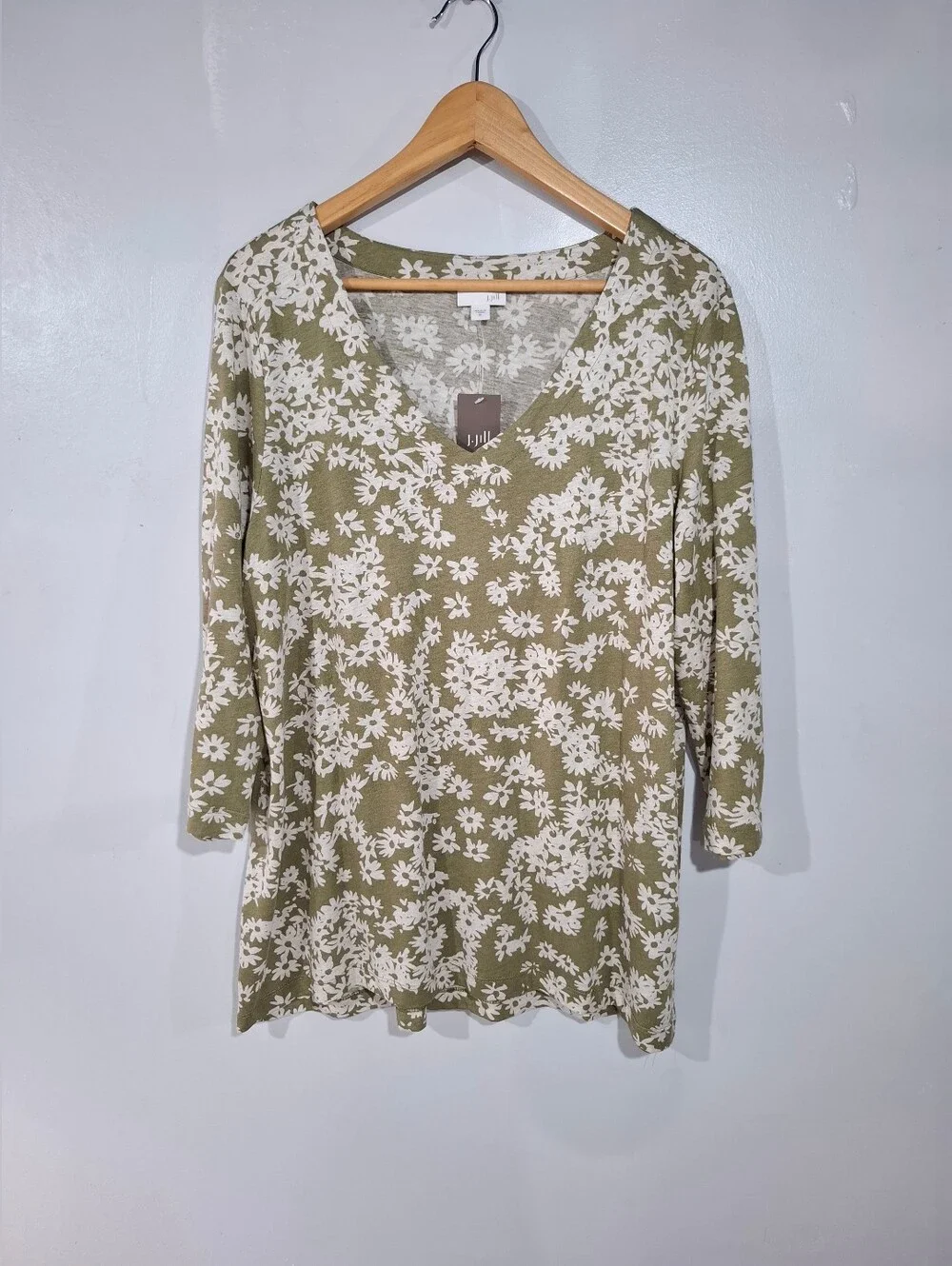 J.JILL Womens Olive Green Daisy Floral V-Neck Shirt Top 3/4 Sleeve XL NWT Ladies - Picture 2 of 12